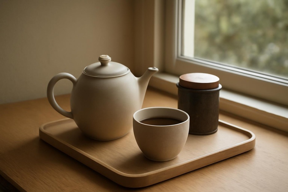 A small tray with a teapot, tea tin, and cup near a window