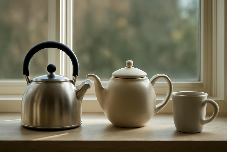 A kettle beside a teapot and a mug on a windowsill, morning light