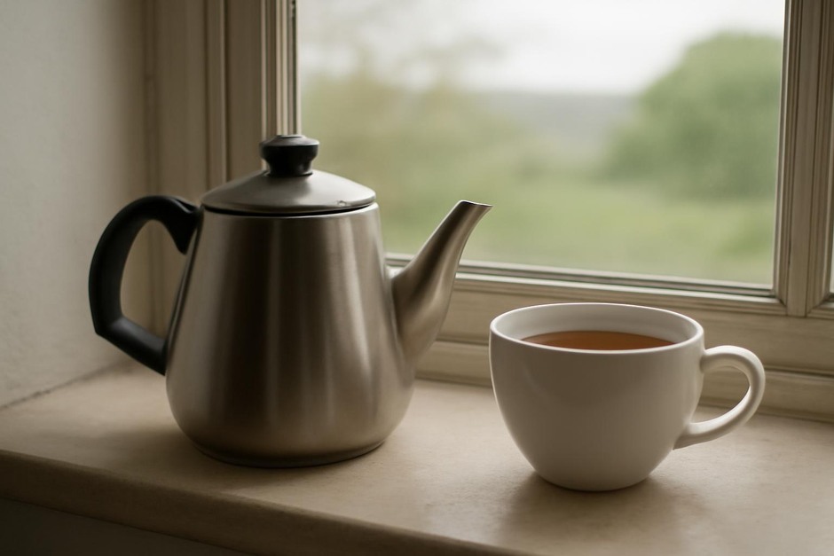 A kettle beside a teacup on a windowsill
