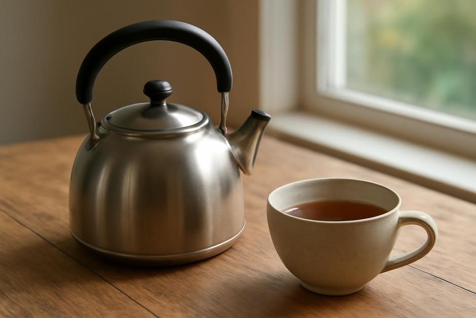 A stovetop kettle beside a teacup on a wooden table