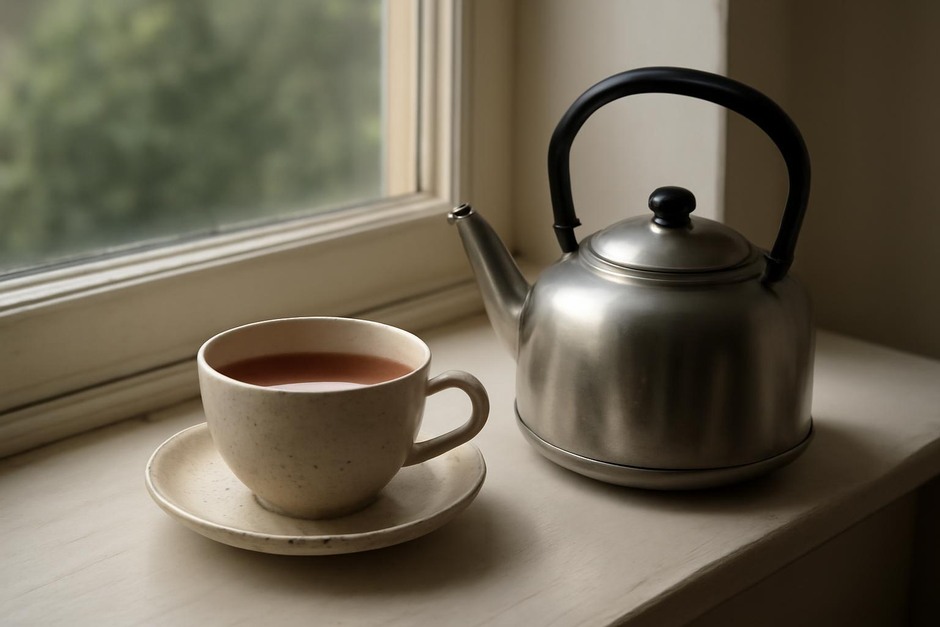 A teacup beside a kettle on a windowsill in soft morning light