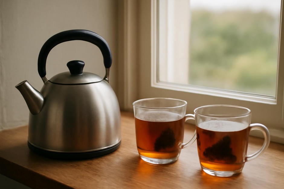 A kettle beside two cups of steeping tea on a wooden windowsill